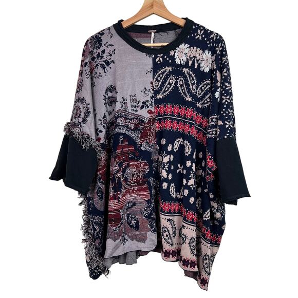 Free People Size M/L Pieced Paisley Oversized Boho Tunic Sweater‎ Fringe Poncho - Picture 2 of 11